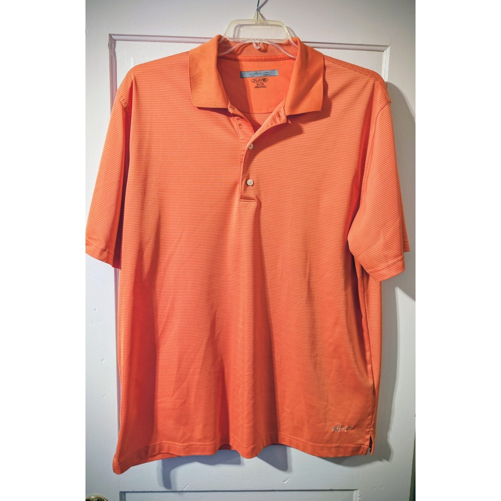 Greg Norman Polo Shirt Mens XL Orange Striped Play Dry Short Sleeve Golf Tee